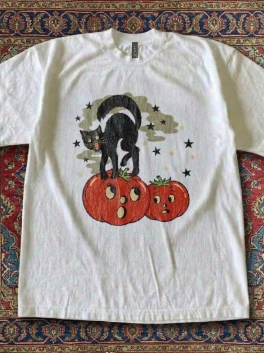Vintage Halloween Black Cat Pumpkin Graphic T-Shirt – White Unisex Tee